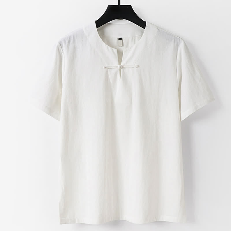 Buddha Stones T-shirt da uomo a maniche corte con colletto a revers, tinta unita, con bottoni a rana, in cotone e lino. - Bianco - US/UK/AU56，EU66(9XL) - image 1