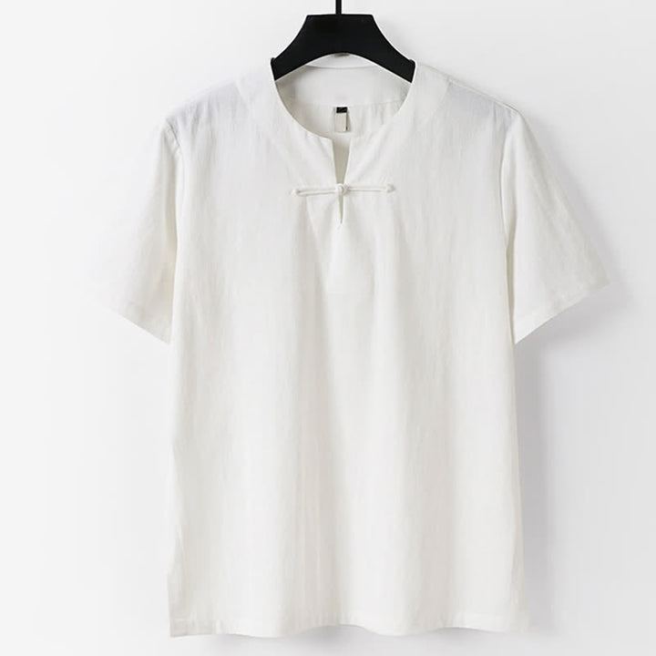 Buddha Stones T-shirt da uomo a maniche corte con colletto a revers, tinta unita, con bottoni a rana, in cotone e lino. - Bianco - US/UK/AU56，EU66(9XL) - image 1