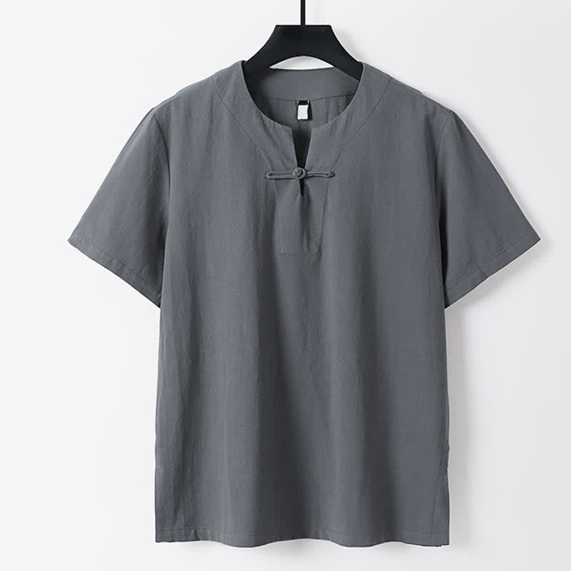 Buddha Stones T-shirt da uomo a maniche corte con colletto a revers, tinta unita, con bottoni a rana, in cotone e lino. - Grigio - US/UK/AU56，EU66(9XL) - image 0