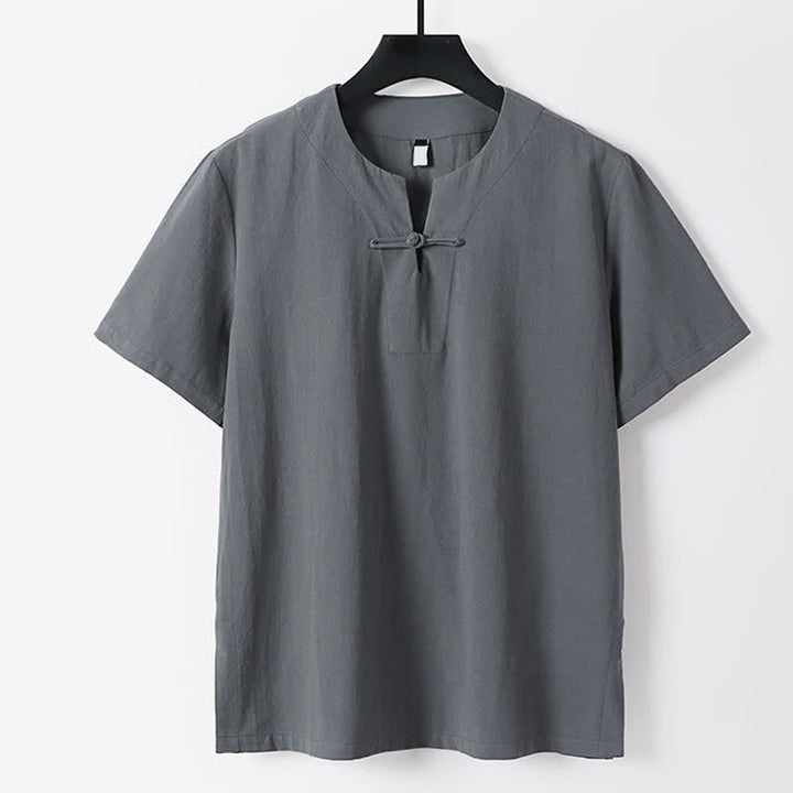 Buddha Stones T-shirt da uomo a maniche corte con colletto a revers, tinta unita, con bottoni a rana, in cotone e lino. - Grigio - US/UK/AU56，EU66(9XL) - image 0