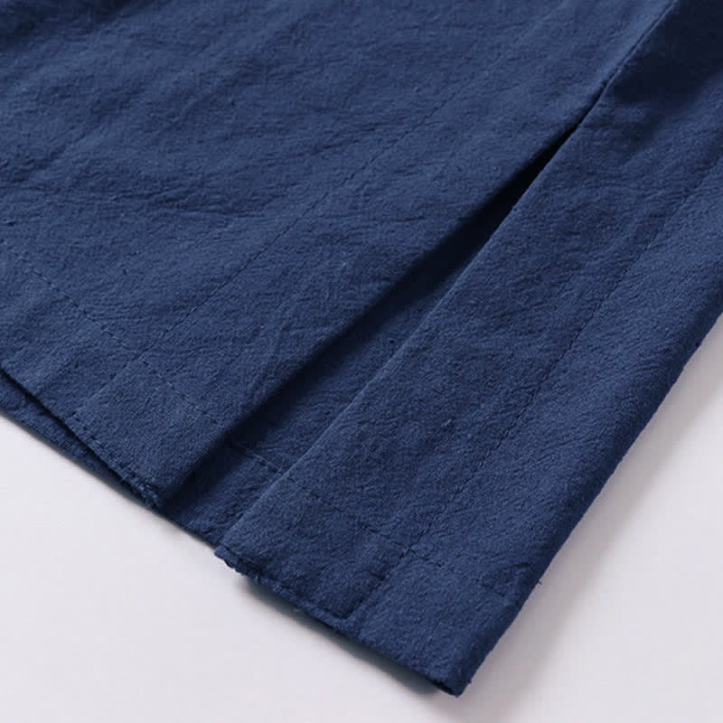 Buddha Stones T-shirt da uomo a maniche corte con colletto a revers, tinta unita, con bottoni a rana, in cotone e lino. - image 10