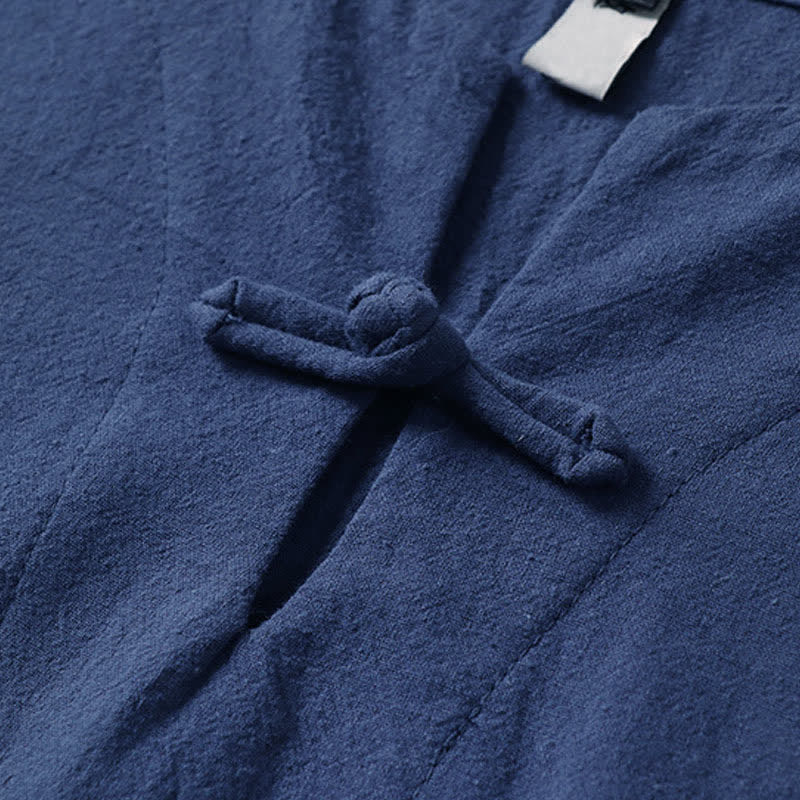 Buddha Stones T-shirt da uomo a maniche corte con colletto a revers, tinta unita, con bottoni a rana, in cotone e lino. - image 6