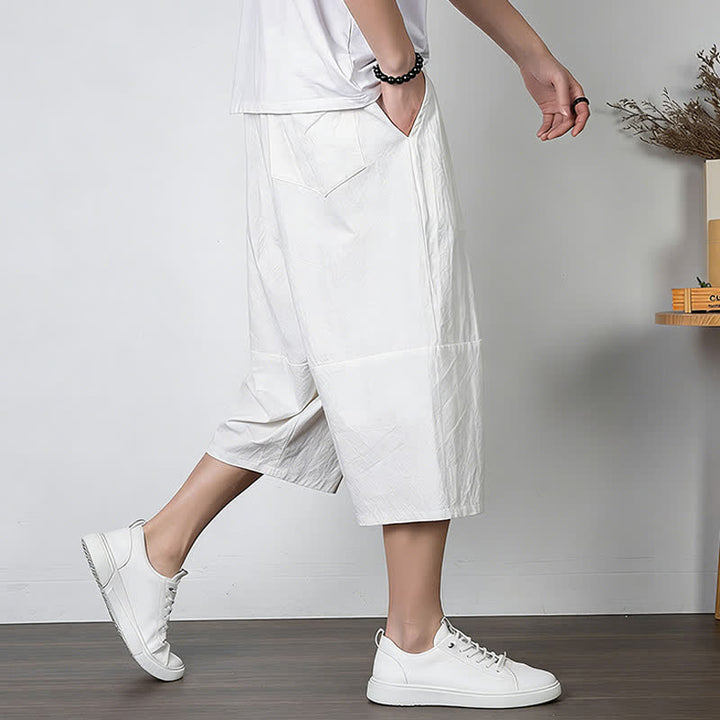 Buddha Stones Pantaloni harem da uomo in cotone e lino, lunghezza capri, con coulisse e tasche. - image 7