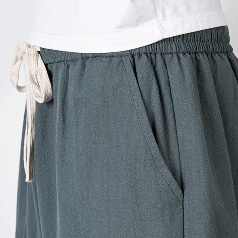 Buddha Stones Pantaloni harem da uomo in cotone e lino, lunghezza capri, con coulisse e tasche. - image 3