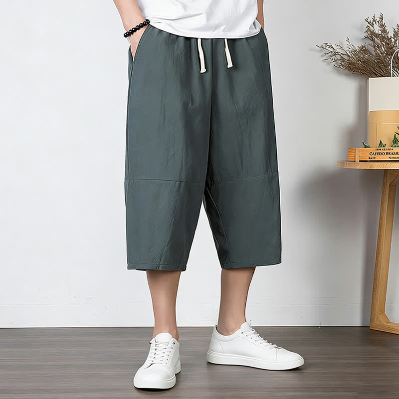 Buddha Stones Pantaloni harem da uomo in cotone e lino, lunghezza capri, con coulisse e tasche. - image 1