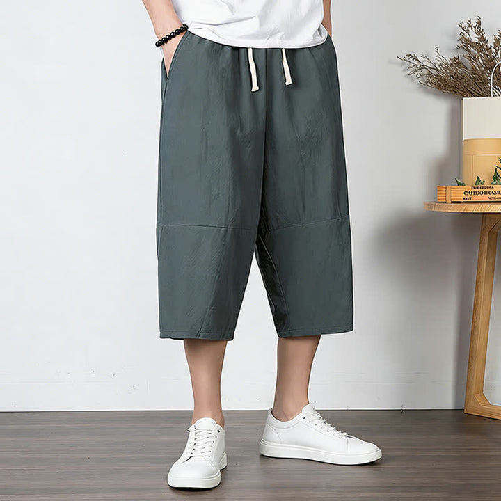 Buddha Stones Pantaloni harem da uomo in cotone e lino, lunghezza capri, con coulisse e tasche. - image 1