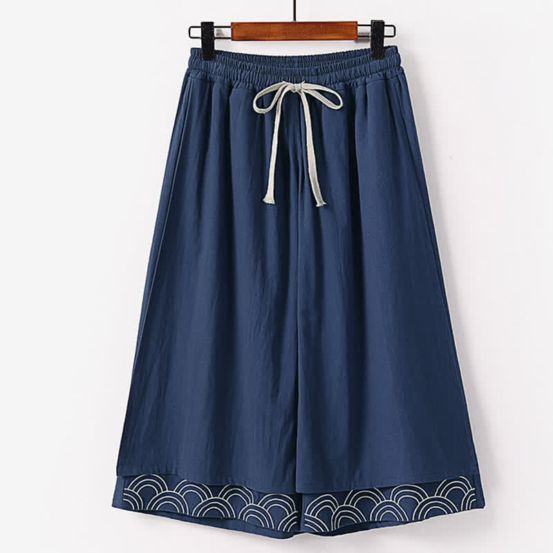 Buddha Stones Pantaloni estivi da uomo in cotone e lino a gamba larga, lunghezza capri, con ricami e tasche. - Marina - US/UK/AU50, EU60 (7XL) - image 0