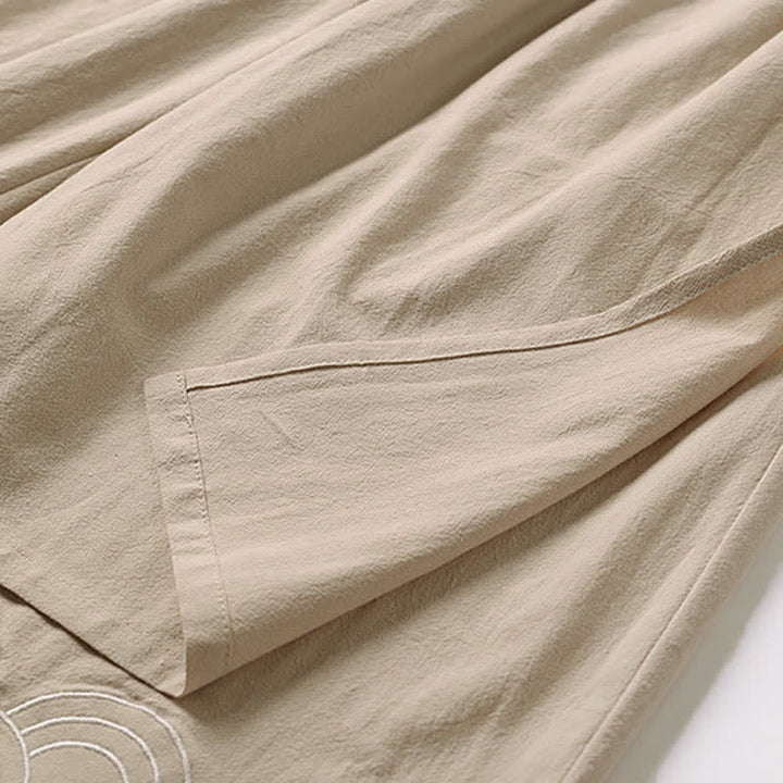 Buddha Stones Pantaloni estivi da uomo in cotone e lino a gamba larga, lunghezza capri, con ricami e tasche. - image 11