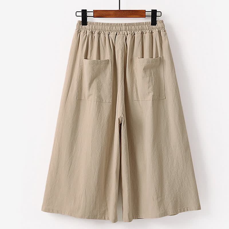 Buddha Stones Pantaloni estivi da uomo in cotone e lino a gamba larga, lunghezza capri, con ricami e tasche. - image 5