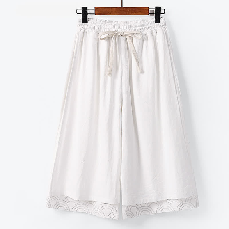 Buddha Stones Pantaloni estivi da uomo in cotone e lino a gamba larga, lunghezza capri, con ricami e tasche. - Bianco - US/UK/AU50, EU60 (7XL) - image 1