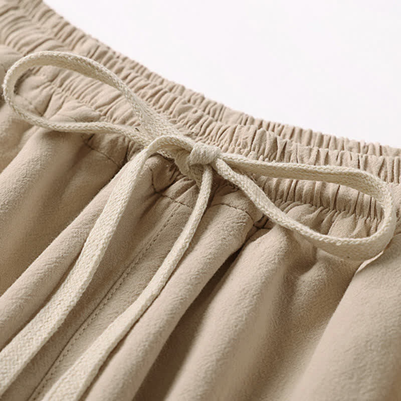 Buddha Stones Pantaloni estivi da uomo in cotone e lino a gamba larga, lunghezza capri, con ricami e tasche. - image 6