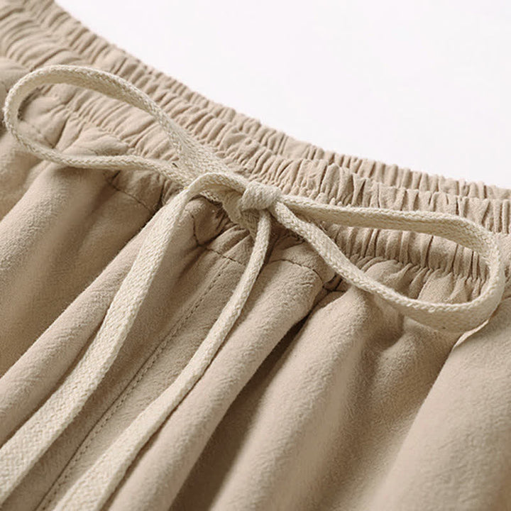 Buddha Stones Pantaloni estivi da uomo in cotone e lino a gamba larga, lunghezza capri, con ricami e tasche. - image 6