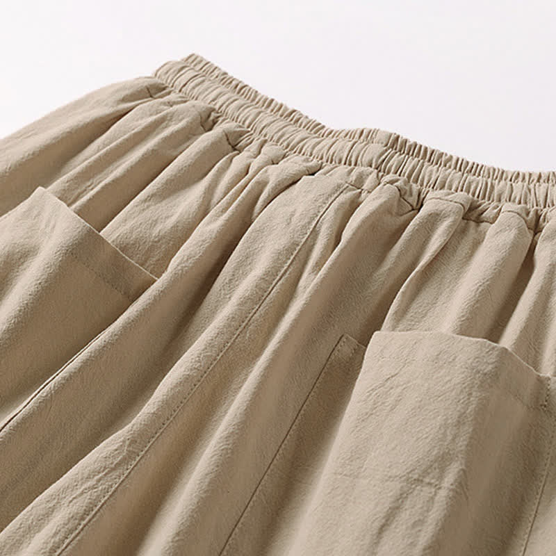 Buddha Stones Pantaloni estivi da uomo in cotone e lino a gamba larga, lunghezza capri, con ricami e tasche. - image 7