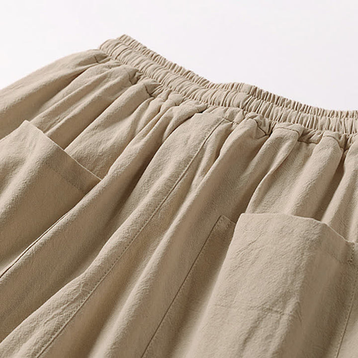 Buddha Stones Pantaloni estivi da uomo in cotone e lino a gamba larga, lunghezza capri, con ricami e tasche. - image 7