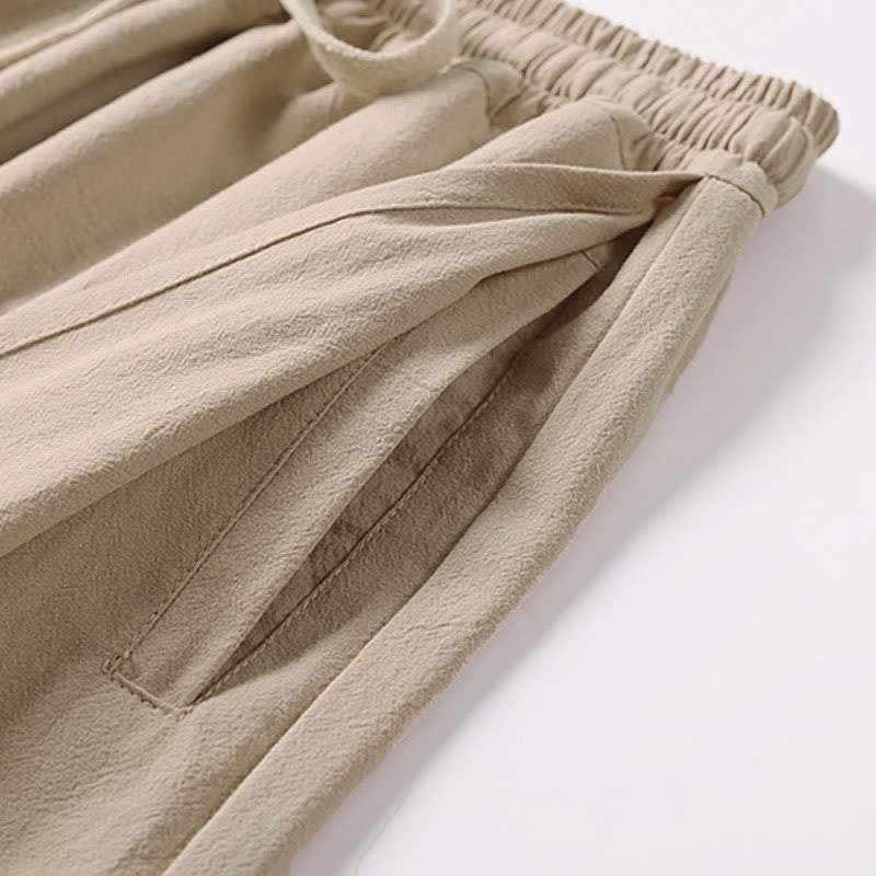 Buddha Stones Pantaloni estivi da uomo in cotone e lino a gamba larga, lunghezza capri, con ricami e tasche. - image 8