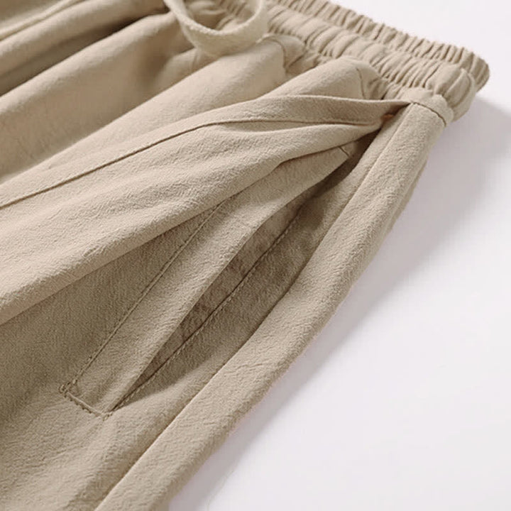 Buddha Stones Pantaloni estivi da uomo in cotone e lino a gamba larga, lunghezza capri, con ricami e tasche. - image 8