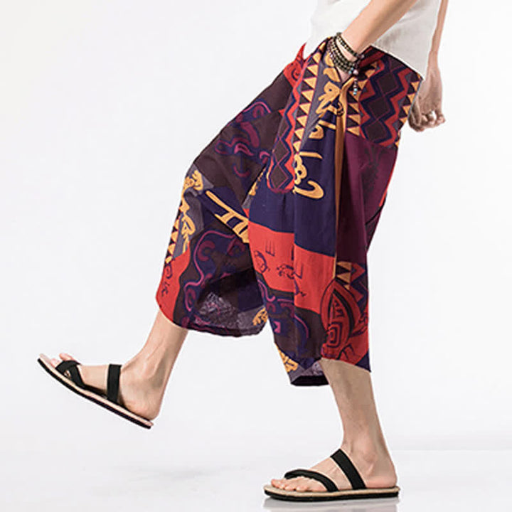 Buddha Stones Pantaloni harem da uomo, lunghezza 7-8, con tasche, stampa etnica, motivo floreale e geometrico. - image 9