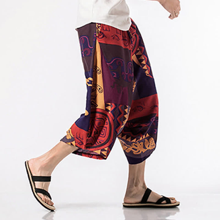 Buddha Stones Pantaloni harem da uomo, lunghezza 7-8, con tasche, stampa etnica, motivo floreale e geometrico. - image 11