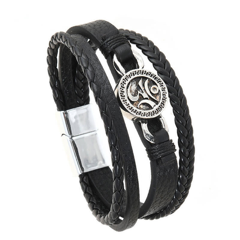Bracciale retrò in pelle intrecciata multistrato con Buddha Stones Om inciso, rotondo, con pietre di Buddha. - image 2