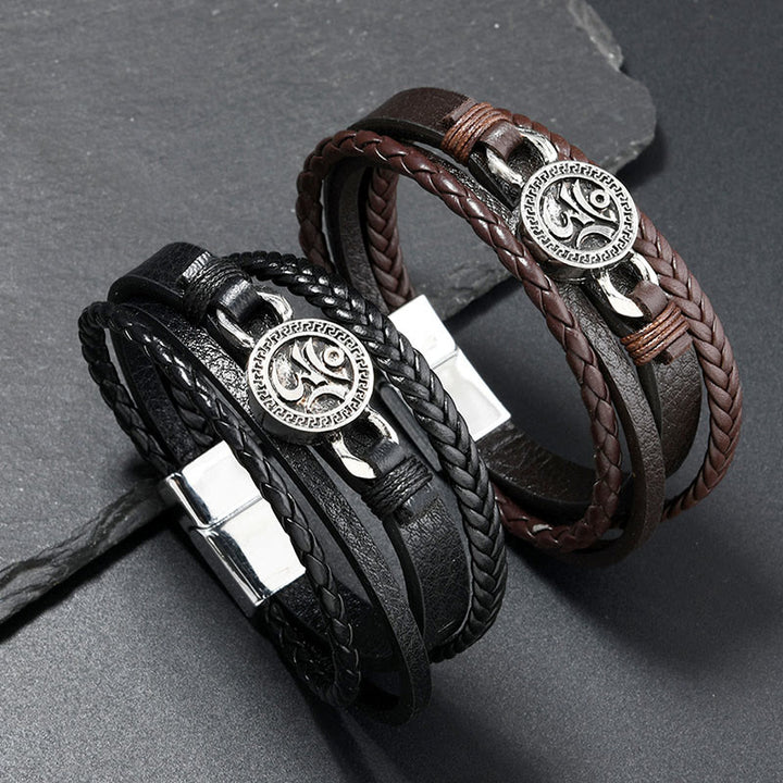 Bracciale retrò in pelle intrecciata multistrato con Buddha Stones Om inciso, rotondo, con pietre di Buddha. - image 0