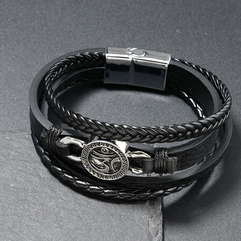 Bracciale retrò in pelle intrecciata multistrato con Buddha Stones Om inciso, rotondo, con pietre di Buddha. - Pelle nera (circonferenza del polso: 18-19 cm) - image 1
