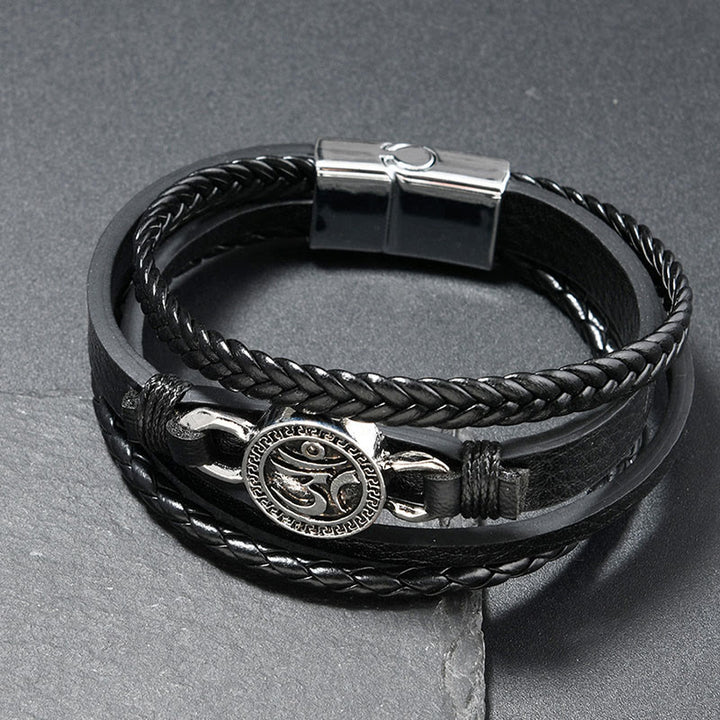 Bracciale retrò in pelle intrecciata multistrato con Buddha Stones Om inciso, rotondo, con pietre di Buddha. - Pelle nera (circonferenza del polso: 18-19 cm) - image 1