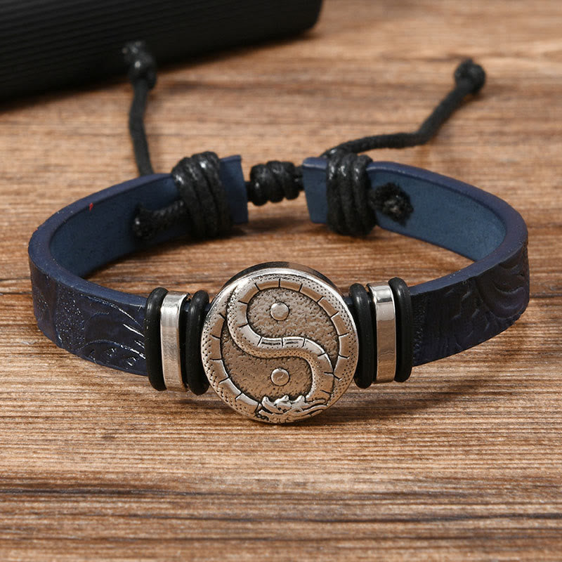 Buddha Stones Bracciale rotondo in pelle con drago Yin Yang inciso, simbolo di equilibrio. - Cinturino in pelle blu acciaio (circonferenza del polso: 15-20 cm) - image 0