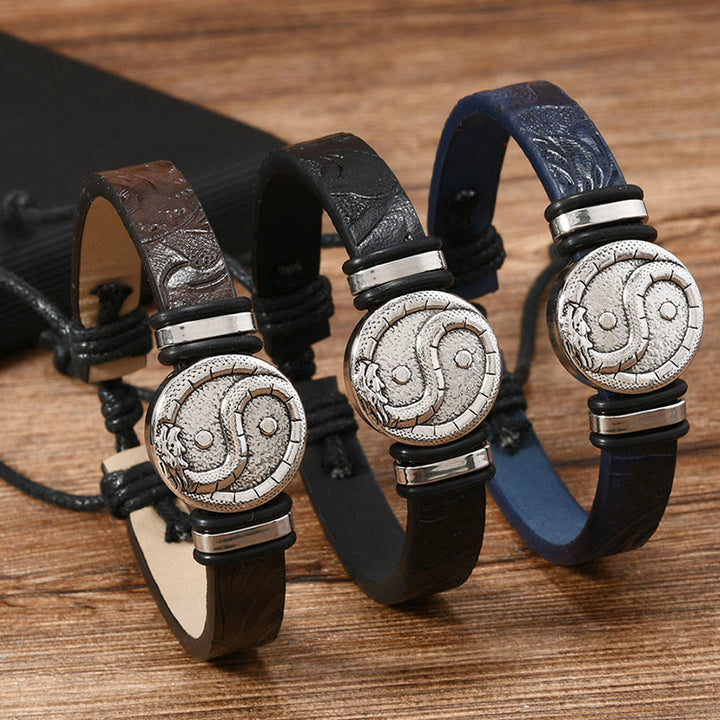 Buddha Stones Bracciale rotondo in pelle con drago Yin Yang inciso, simbolo di equilibrio. - image 10