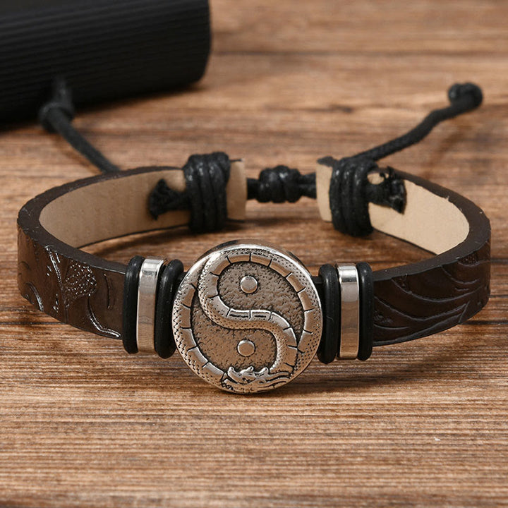 Buddha Stones Bracciale rotondo in pelle con drago Yin Yang inciso, simbolo di equilibrio. - Cinturino in pelle marrone sella (circonferenza del polso: 15-20 cm) - image 2
