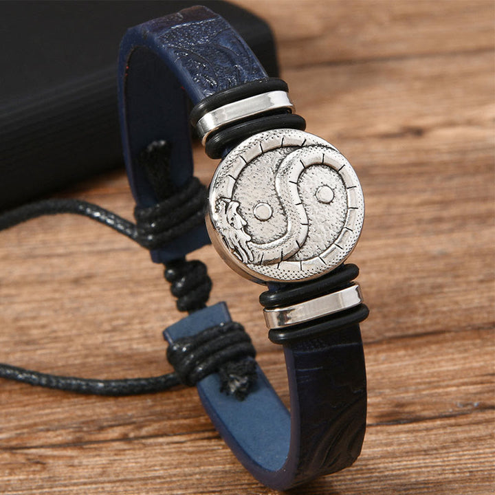 Buddha Stones Bracciale rotondo in pelle con drago Yin Yang inciso, simbolo di equilibrio. - image 1