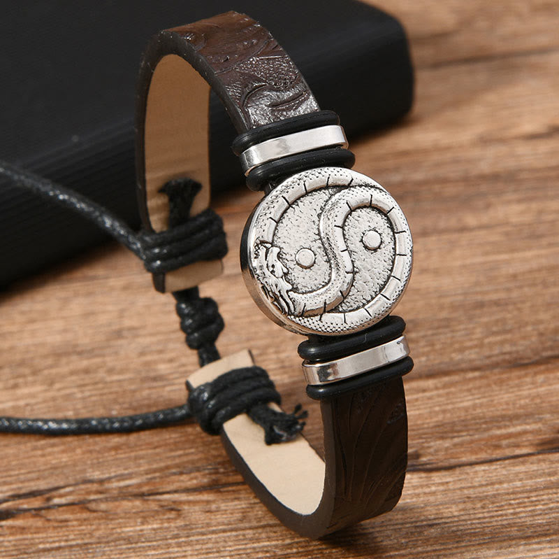 Buddha Stones Bracciale rotondo in pelle con drago Yin Yang inciso, simbolo di equilibrio. - image 3