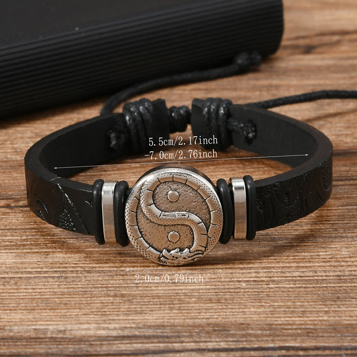 Buddha Stones Bracciale rotondo in pelle con drago Yin Yang inciso, simbolo di equilibrio. - image 9
