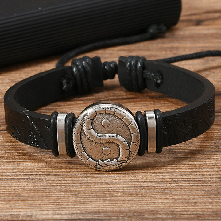 Buddha Stones Bracciale rotondo in pelle con drago Yin Yang inciso, simbolo di equilibrio. - Cinturino in pelle nera (circonferenza del polso: 15-20 cm) - image 6