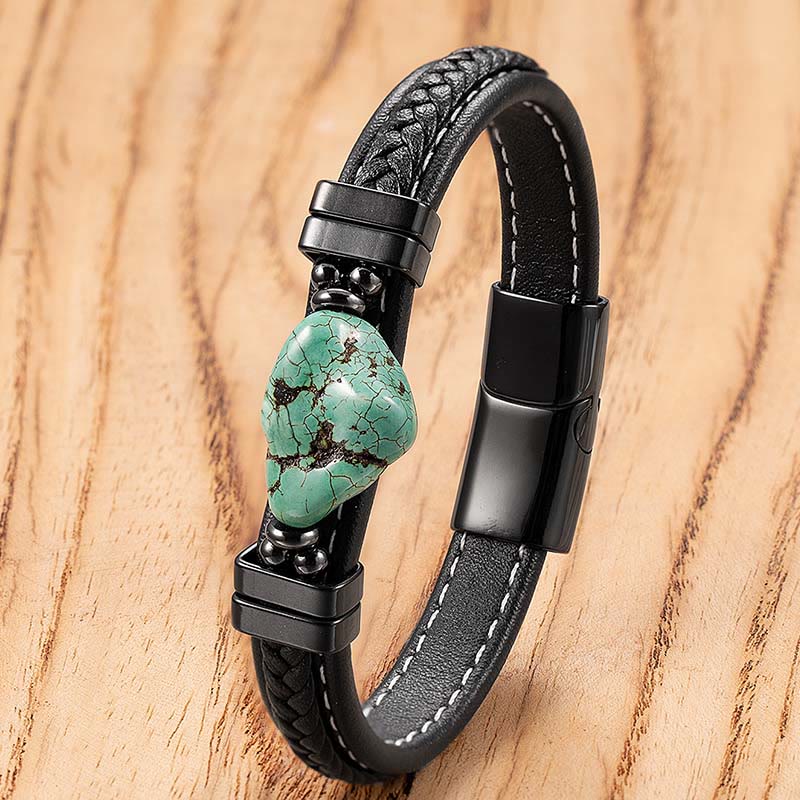 Buddha Stones Bracciale audace in pelle intrecciata turchese sintetica - Pelle verde chiaro - 21 cm - image 0