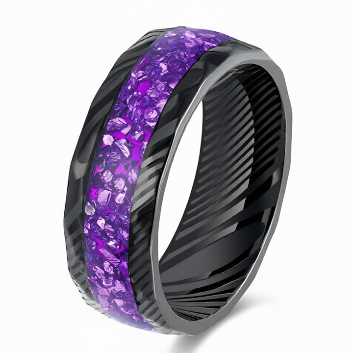 Buddha Stones Anello di resistenza in acciaio al titanio con intarsio naturale sfaccettato - Viola - 21,4 mm - image 5