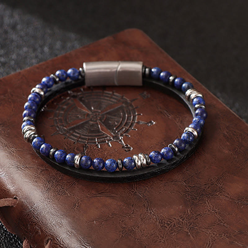 Buddha Stones Bracciale in pelle con perline di lapislazzuli occhio di tigre - image 0