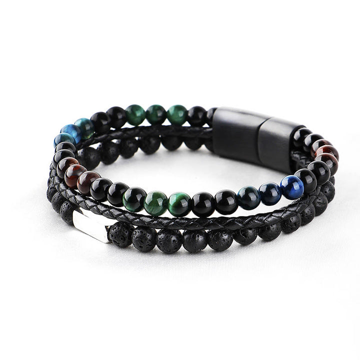 Buddha Stones Bracciale in pelle intrecciata resistente con perline di pietra lavica occhio di tigre - image 2