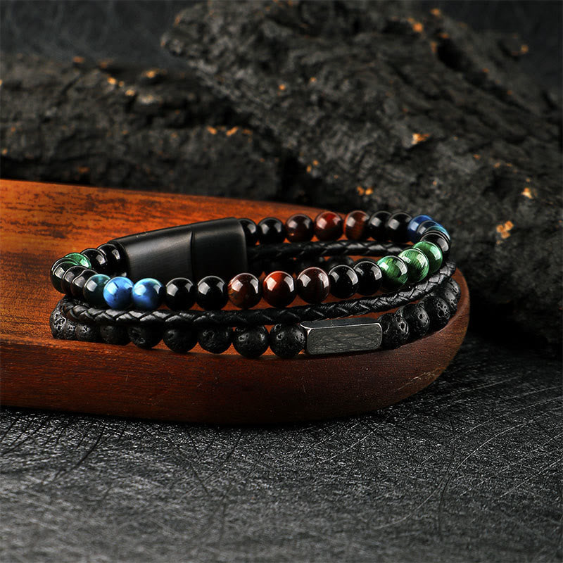 Buddha Stones Bracciale in pelle intrecciata resistente con perline di pietra lavica occhio di tigre - image 1