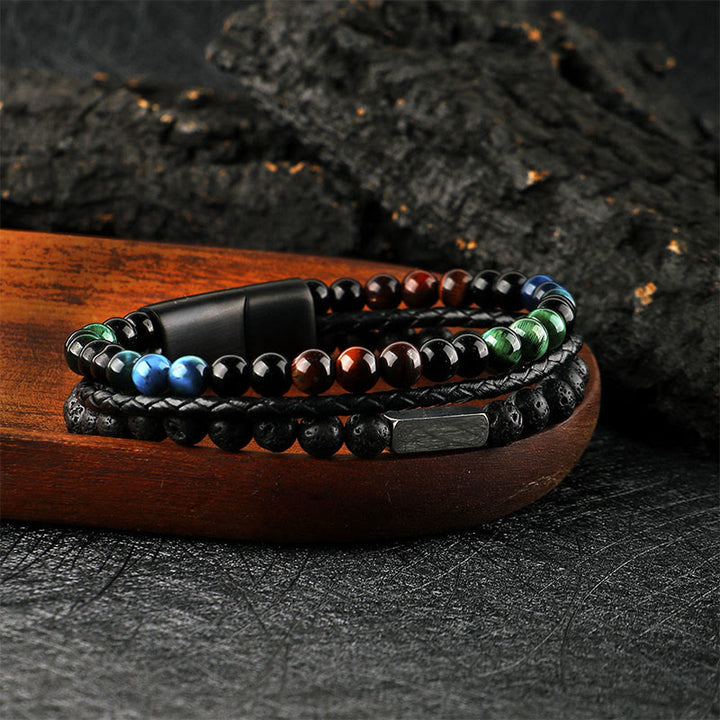 Buddha Stones Bracciale in pelle intrecciata resistente con perline di pietra lavica occhio di tigre - image 1