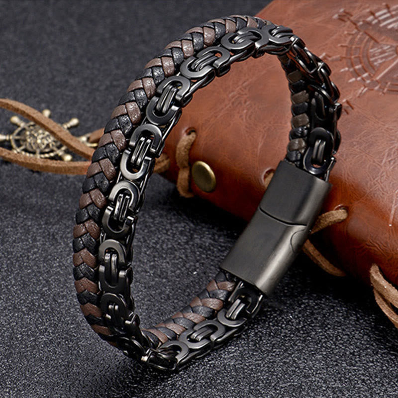 Buddha Stones Bracciale a maglie con doppio giro in pelle intrecciata e design a bilanciere. - Acciaio al titanio nero (circonferenza del polso: 18-19 cm) - image 0