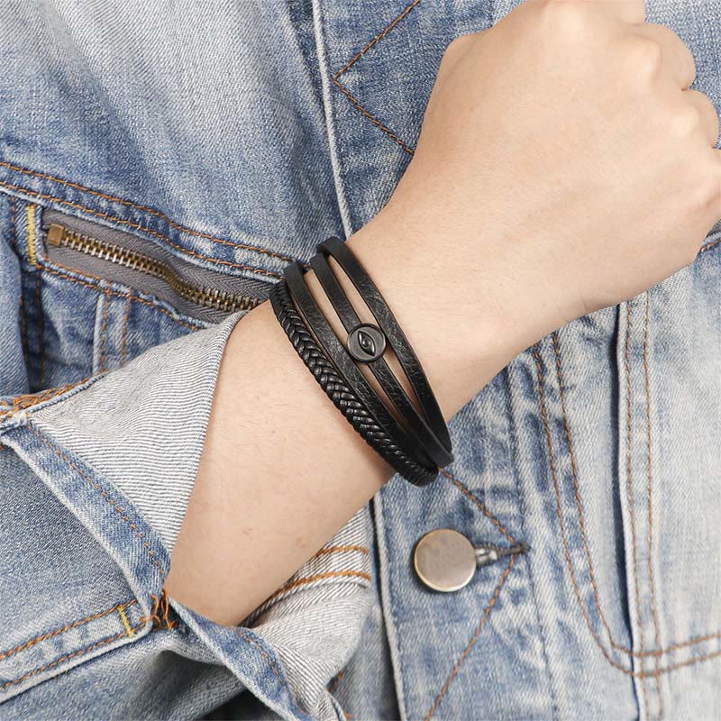Buddha Stones Bracciale in pelle intrecciata multistrato con occhio di Allah e design a bilanciere - image 9