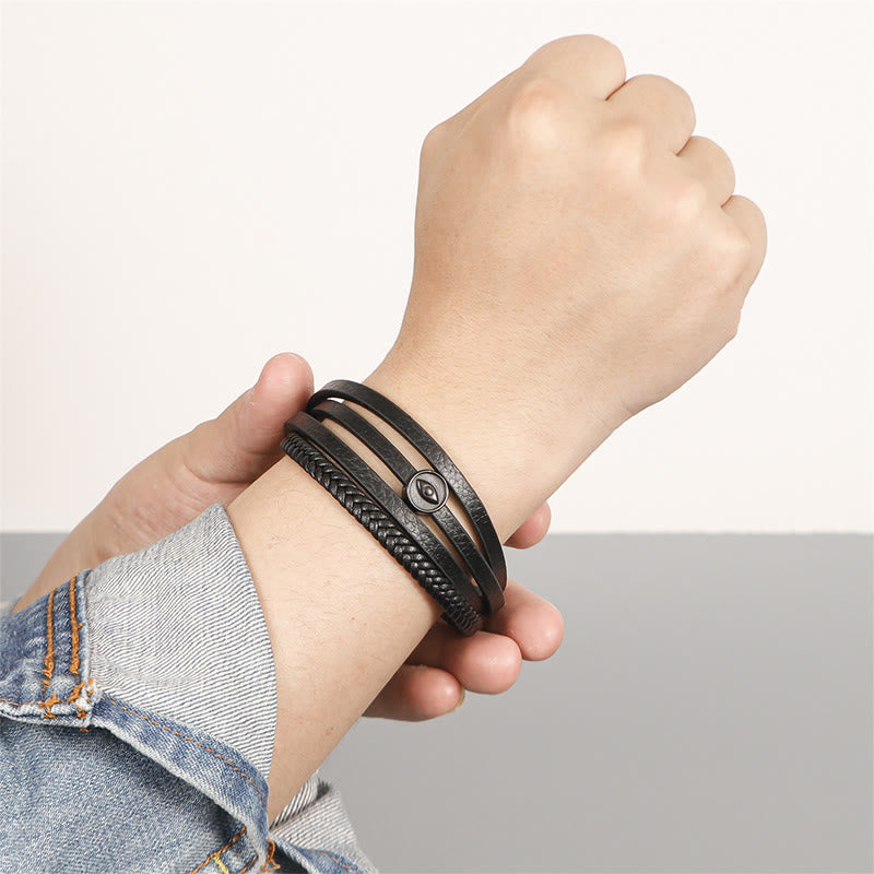 Buddha Stones Bracciale in pelle intrecciata multistrato con occhio di Allah e design a bilanciere - image 8