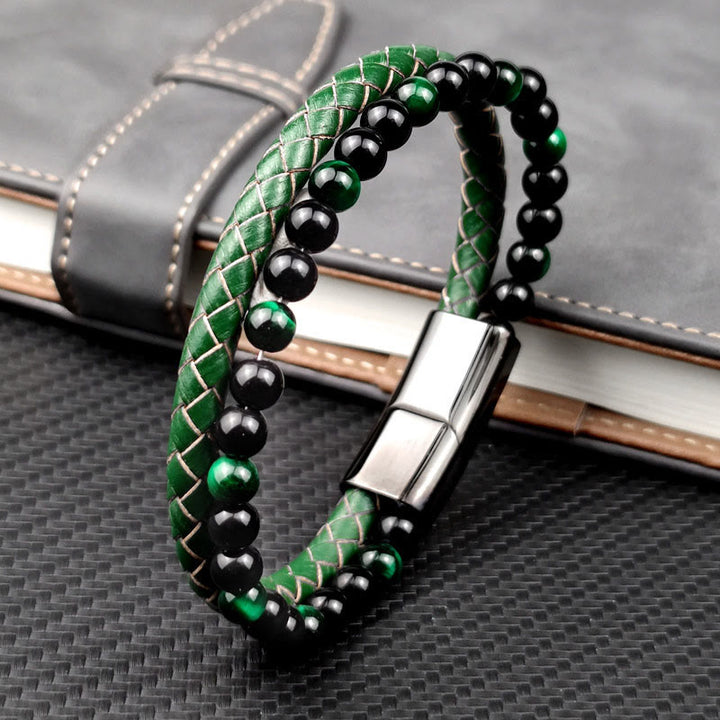 Buddha Stones Bracciale rinforzato in pelle intrecciata a doppio giro con occhio di tigre verde - Cinturino in pelle verde occhio di tigre (circonferenza del polso: 19 cm) - image 0