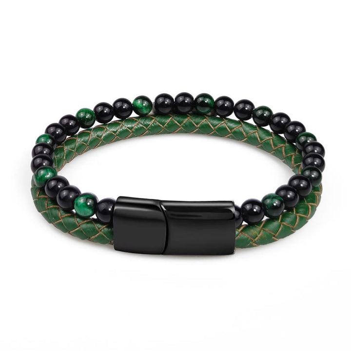 Buddha Stones Bracciale rinforzato in pelle intrecciata a doppio giro con occhio di tigre verde - image 4
