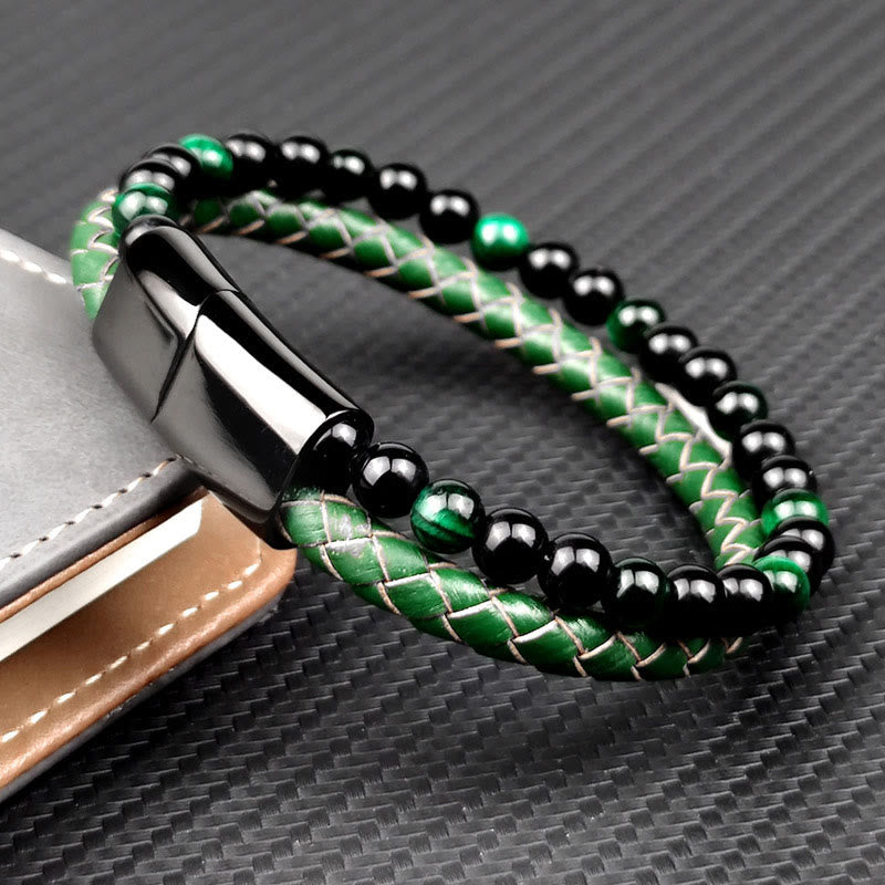 Buddha Stones Bracciale rinforzato in pelle intrecciata a doppio giro con occhio di tigre verde - image 1