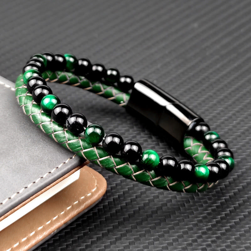 Buddha Stones Bracciale rinforzato in pelle intrecciata a doppio giro con occhio di tigre verde - image 3