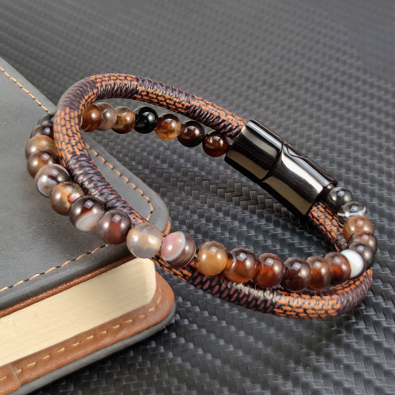 Buddha Stones Bracciale Sardonyx a doppio giro in pelle intrecciata, modello Success - image 1