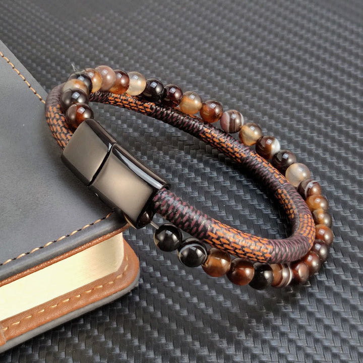 Buddha Stones Bracciale Sardonyx a doppio giro in pelle intrecciata, modello Success - image 3