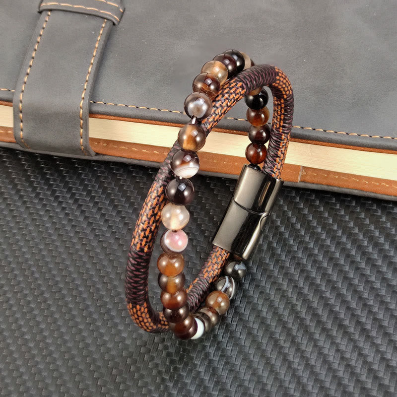 Buddha Stones Bracciale Sardonyx a doppio giro in pelle intrecciata, modello Success - Cinturino in pelle Sardonyx (circonferenza del polso: 19 cm) - image 0