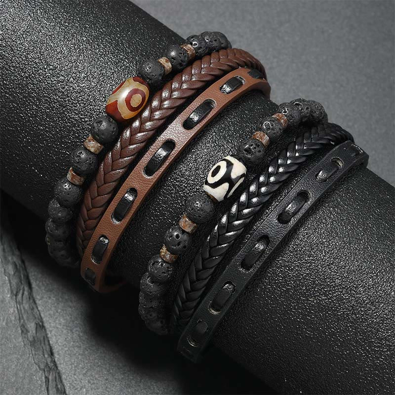 Buddha Stones Bracciale portafortuna in pelle intrecciata multistrato con pietre laviche e perline Dzi. - image 9
